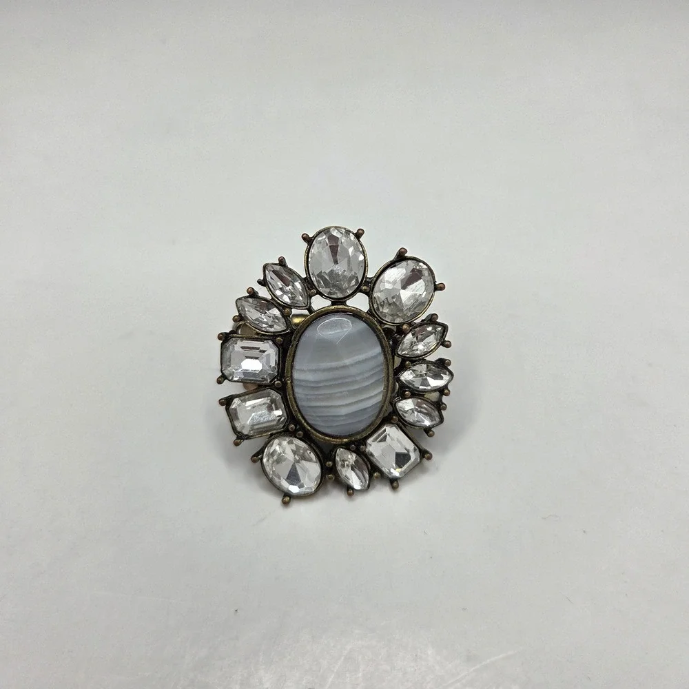 Statement Cocktail Ring Faux Agate Crystal Halo Stretch Band Bronze Tone OSFM